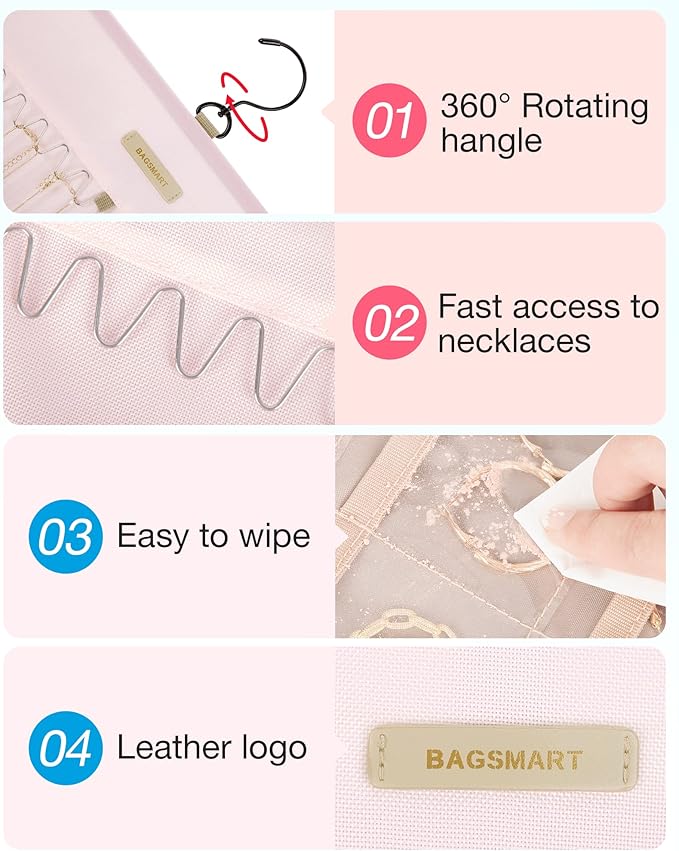 BAGSMART Hanging Jewelry Organizer Storage Roll with Hanger Metal Hooks Double-Sided Jewelry Holder for Earrings, Necklaces, 