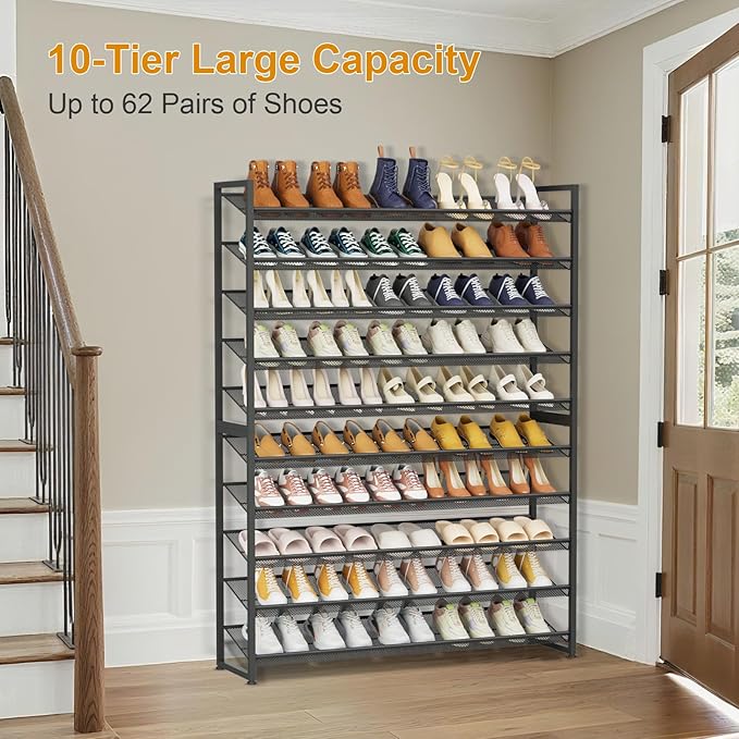 Large Shoe Rack 10 Tier Shoe Organizer, Heavy Duty Metal 5-Tier Stackable Shoe Storage Vertical Shoe Rack for Closet Front Do