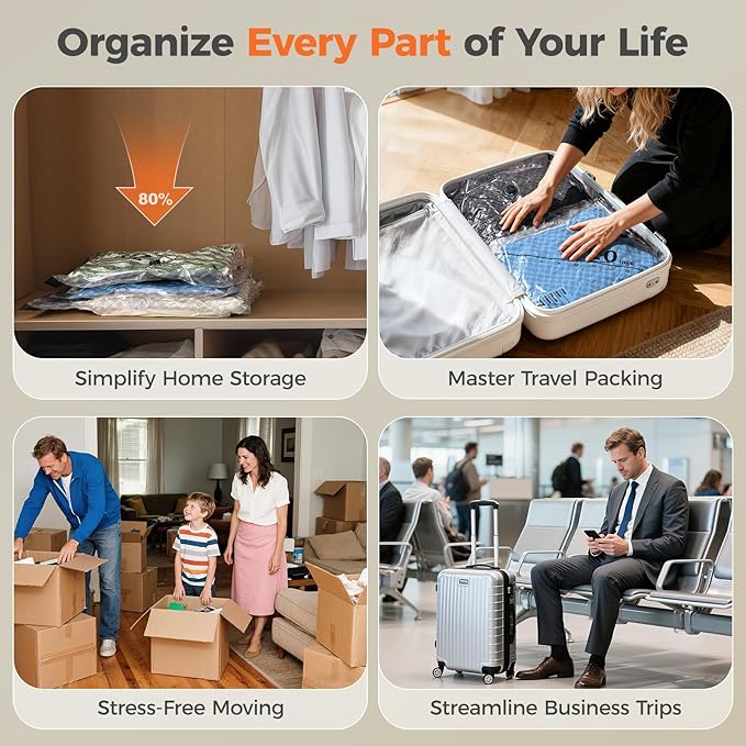 Nicetree 24-Pack Vacuum Storage Bags with Rechargeable Wireless Pump | 3 Sizes (20/24/28 Inch) Travel Vacuum Seal Bags for Cl