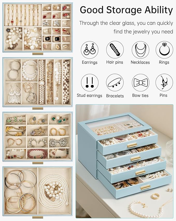 AKOZLIN Jewelry Box with Clear Lid Functional Leather Jewelry Storage Organizer Case 4 Drawers for Women Girls Necklace Ring 