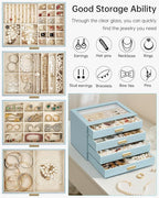 AKOZLIN Jewelry Box with Clear Lid Functional Leather Jewelry Storage Organizer Case 4 Drawers for Women Girls Necklace Ring 