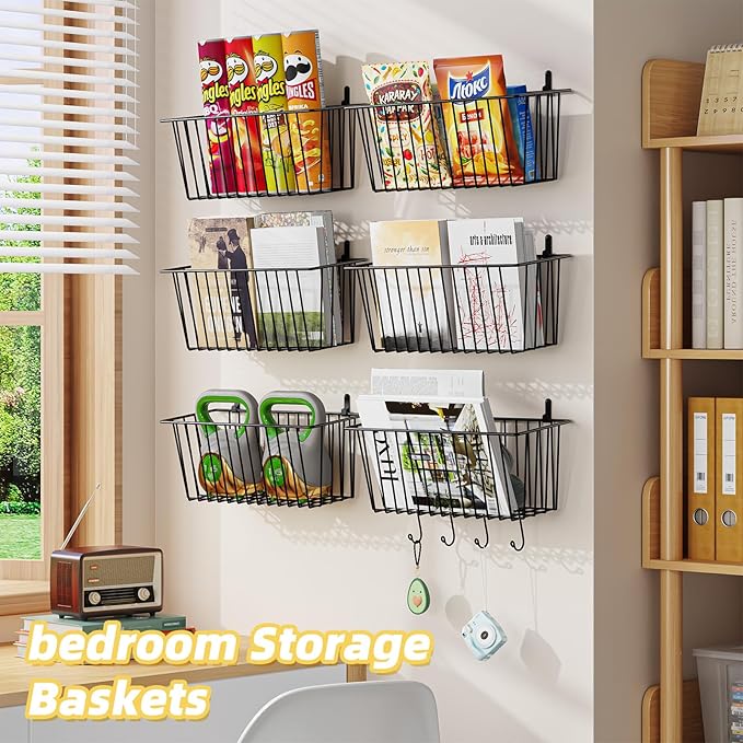 Simple Trending 6 Pack Wire Basket Wall Mount Baskets Hanging Baskets, Cabinets Organizer and Storage with Hooks for Kitchen,