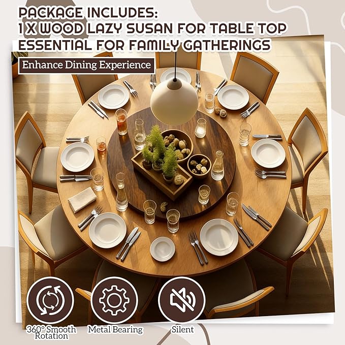24" Black Walnut Wood Lazy Susan for Table Top, Large Turntable Rotating Serving Tray for Counter Top Solid Wooden Round Lazy