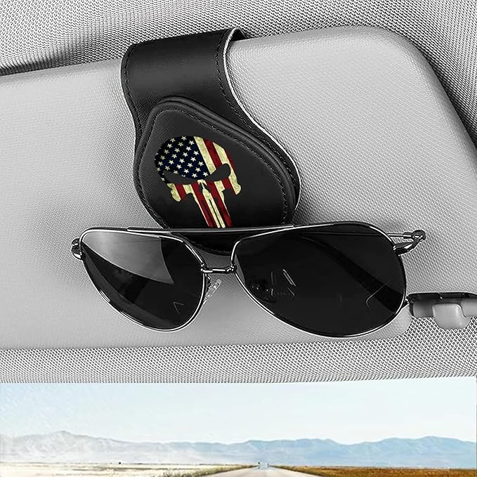 Sunglasses Holder for Car, Leather Glasses Frame, Eyeglass Hanger Card Clip for Car Sun Visor,Sunglasses Holder for Universal Car Visor(American Flag Skull A)