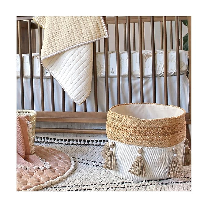 Crane Baby Boho Safari Nursery Decor Baby Storage Bin, Cotton & Jute Collapsible Fabric Basket Organizer, 13X12 Jute 13 X 12 