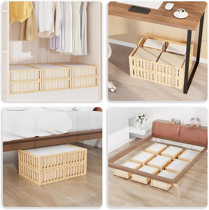 Bamboo Under Bed Storage with Wheels,Rolling Underbed Shoe Organizer Box for Shoes,Blankets,Toys,Clothes Container Space-Savi