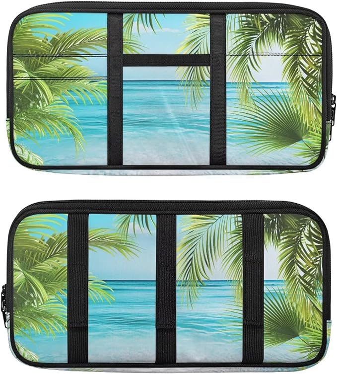 Palm Tree Beach Car Sun Visor Organizer with Multi-Pocket Car Sun Visor Storage Bag Easy to Store and Install Universal Fit for Most Cars SUV