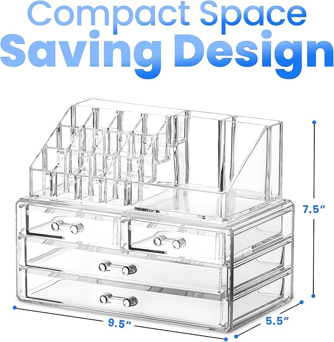 Masirs Clear Makeup Organizer - 16-Compartment Cosmetic and Jewelry Holder with 4 Drawers - Vanity Storage Box for Makeup, Sk