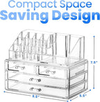 Masirs Clear Makeup Organizer - 16-Compartment Cosmetic and Jewelry Holder with 4 Drawers - Vanity Storage Box for Makeup, Sk