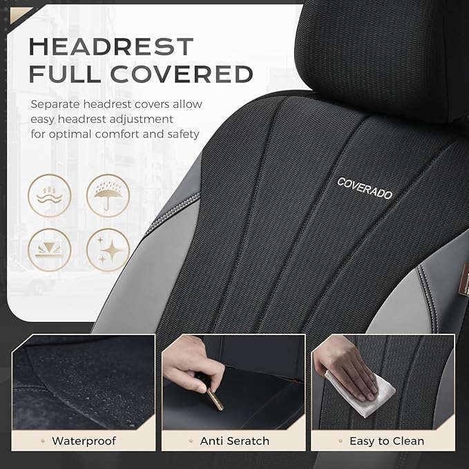 Coverado Automotive Seat Cover Full Set, Front and Rear Seat Covers, Waterproof Leather Seat Covers 5 Seats, Luxury Car Seat 