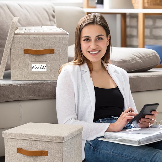 ZICOTO Decorative File Organizer Box Set of 2 - Collapsible Linen Filing Cabinets w/Handles Are Perfect to Store all Your Doc