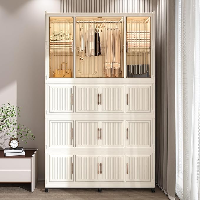 Portable Wardrobe Closet with Magnetic Doors, Foldable Armoire Wardrobe Closet with 1 Hanging Rod, 17 Cubes and 6 Hangers, Be