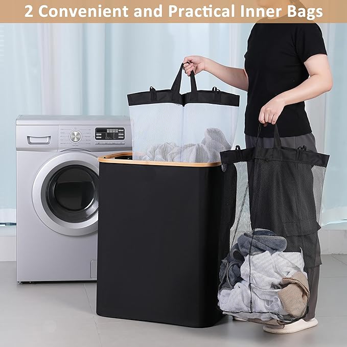 iEGrow 150L Laundry Basket with Lid,Large Laundry Hamper with Bamboo Handles, Hampers for Laundry, Dirty Clothes Hamper with 