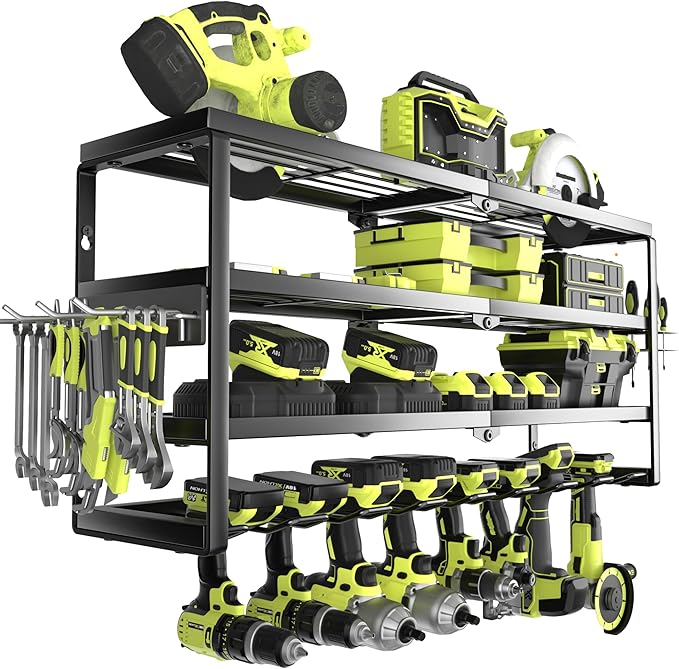 MOOMSINE 4 Layer Power Tool Organizer Wall Mount, Battery Tools Holder with Charging Station Shelf, Cordless Drill Hanger Sto