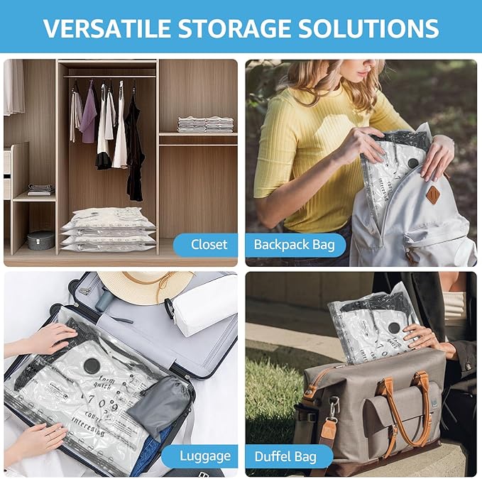 15 Packs Vacuum Bags for Travel with Rechargeable Pump, 3 Sizes Vacuum Seal Bags for Clothing, Compression Vacuum Travel Bags
