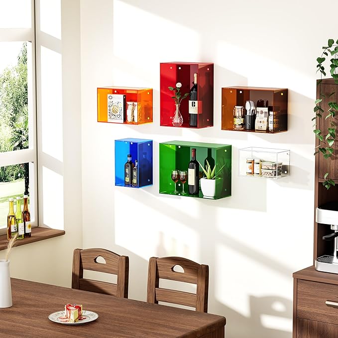 Acrylic Floating Shelves for Wall, Wall Mounted Square Cube Shelf for Bedroom Living Room Bathroom Kitchen, Storage Shelf Dis