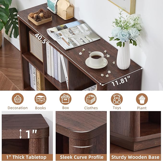 Joaxswe 6 Cube Storage Bookcase, 40" Wide Low Horizontal Book Shelf with Curved Edge, Wood Floor Standing 2-Tier Bookshelf wi