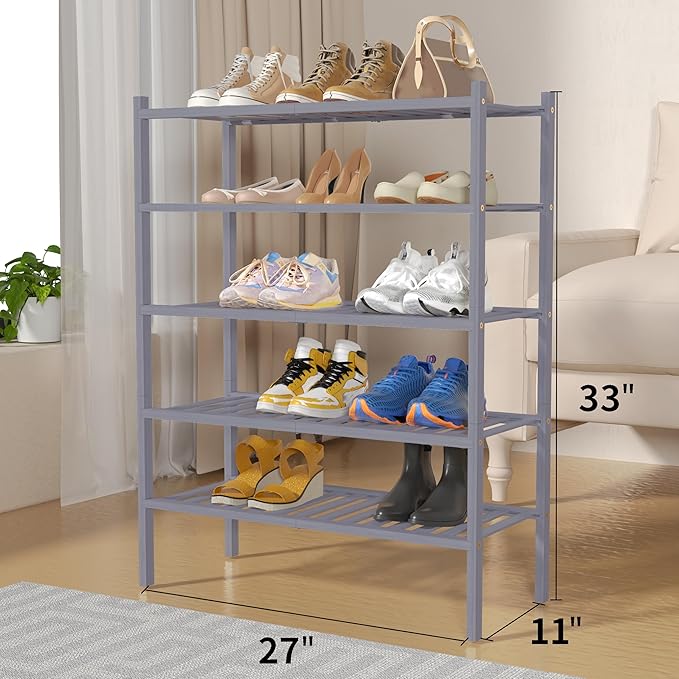 ROMGUAR CRAFT 5 Tier Bamboo Shoe Rack for Closet Free Standing Wood Shoe Shelf for Entryway Small Space Stackable 27"x11"x33"