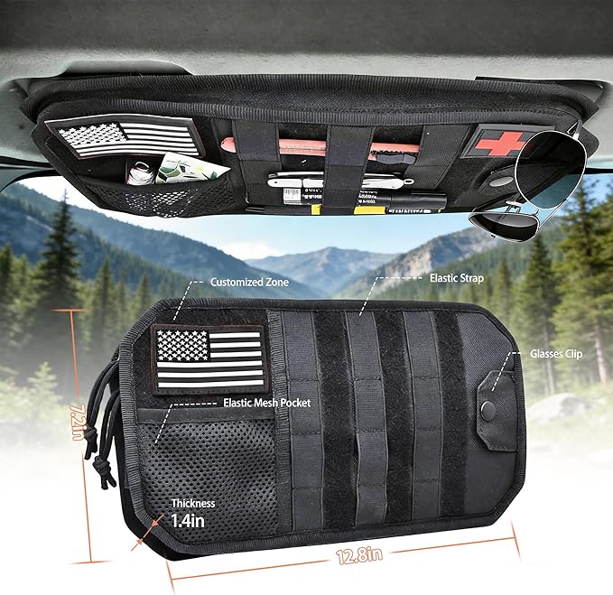 Molle Car Sun Visor Organizer, Tactical Car Sunshade Storage Pouch, Semi-Rigid MOLLE Panel with Zipper Storage Pouch & Glasses Clip, Fits Jeeps, Most Vehicles, SUVs, Trucks (Black)