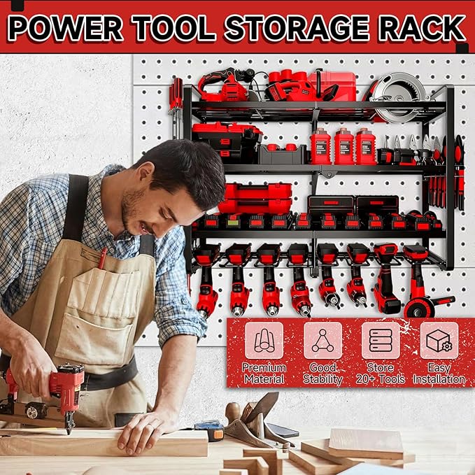 Large Power Tool Organizer Wall Mount, 4 Layer Heavy Duty 8 Cordless Drill Holder Tool Storage Rack, Load 400lbs Utility Powe