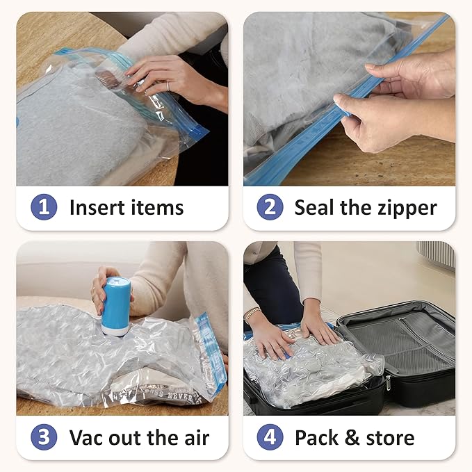 Cozy Essential Travel Vacuum Storage Bags with Rechargeable Cordless USB Pump, Space Saver Bags for Luggage, Suitcase, Carry-