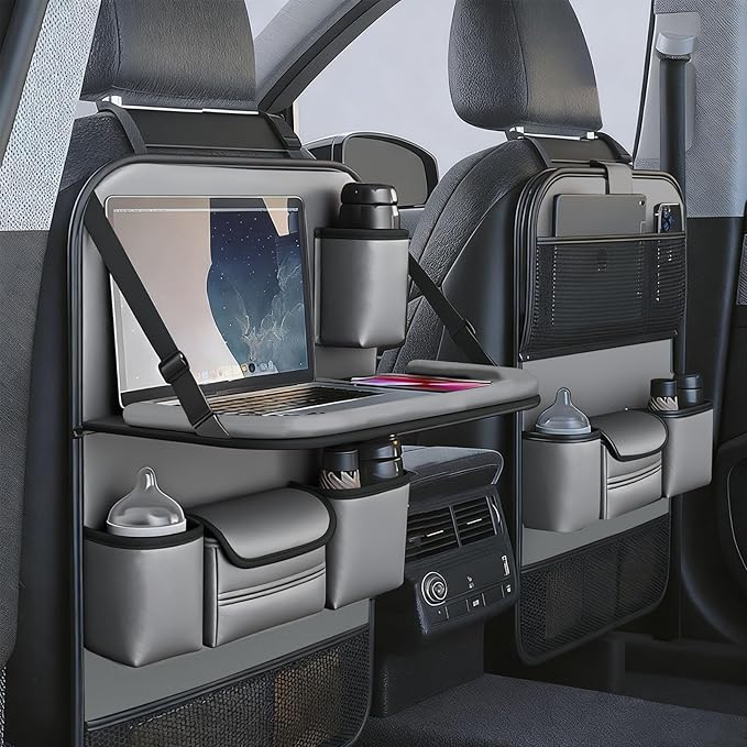 Car Seat Organizers,Multi-functional Back Seat Protectors, Storage Pouches, and Tray Holders (for Cars, Kids, Seat Back and Rear Seats)（Leather 1 Pcs） (gray)