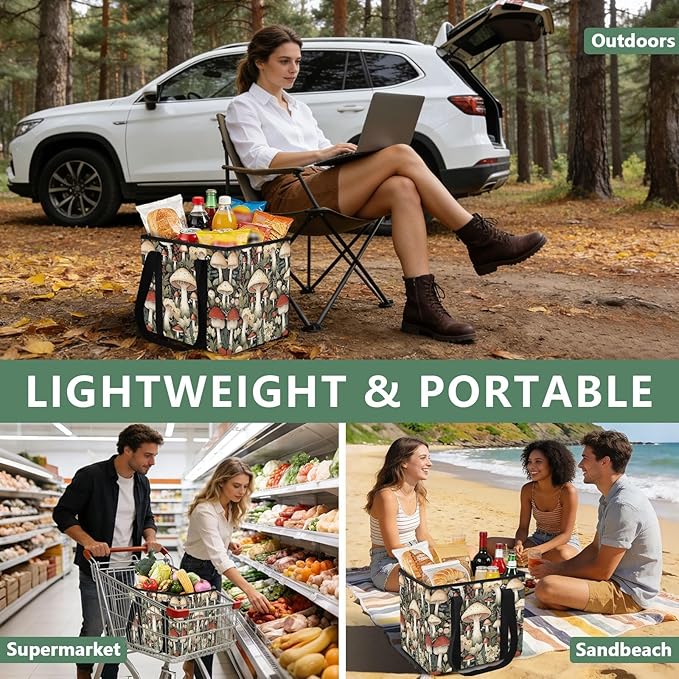 Mushrooms Reusable Grocery Bags Large Shopping Tote Bag with Reinforced Bottom Board, Water Resistant Foldable Storage Bags f