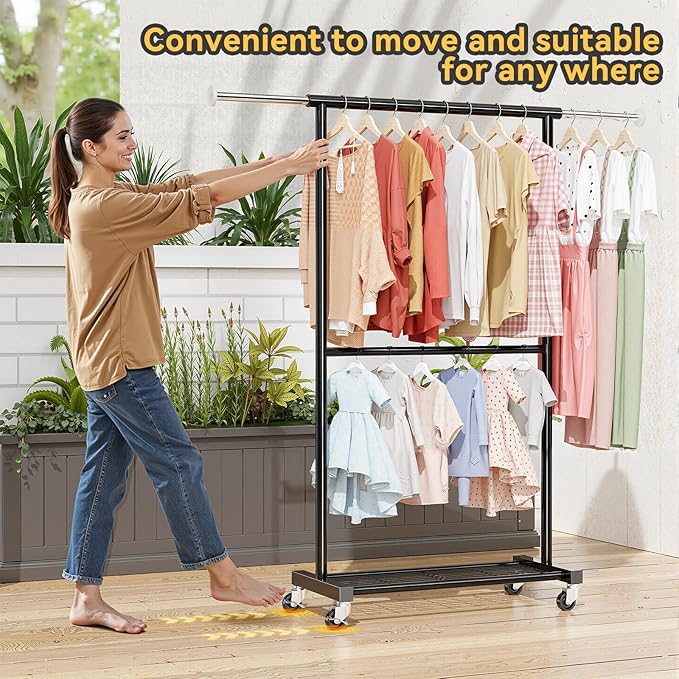 Double Clothing Rack, Clothes Rack for Hanging Clothes, Rolling Garment Rack with Adjustable Rod, Black