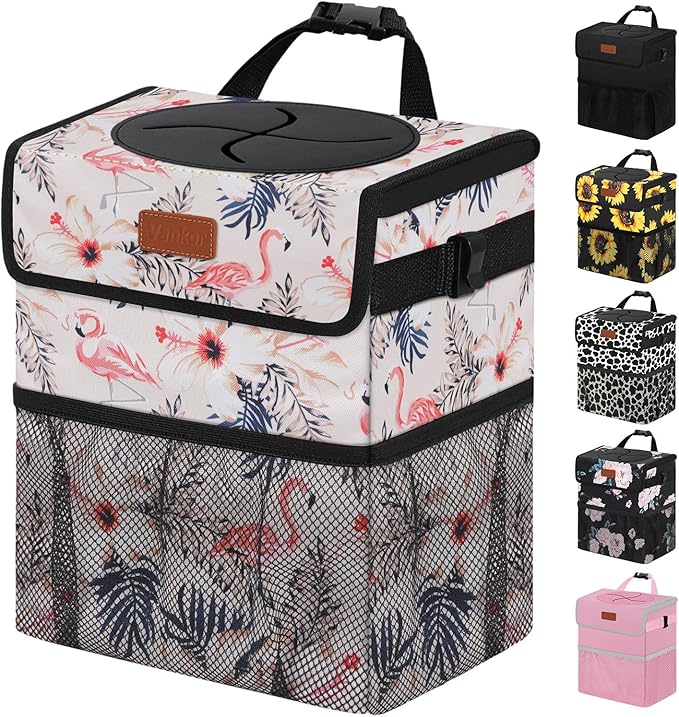 Cute Car Trash Can, Car Accessories for Women Interior Can Trash Bag Hanging Automotive Garbage Cans Pink Flamingo