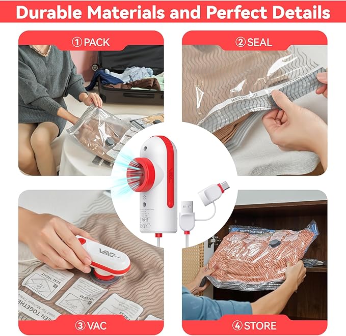 12 Pack Vacuum Bags for Travel with USB & TYPE C Pump,Compression Packing Cubes for Luggage,Carry-on Space Saver Vacuum Seal 