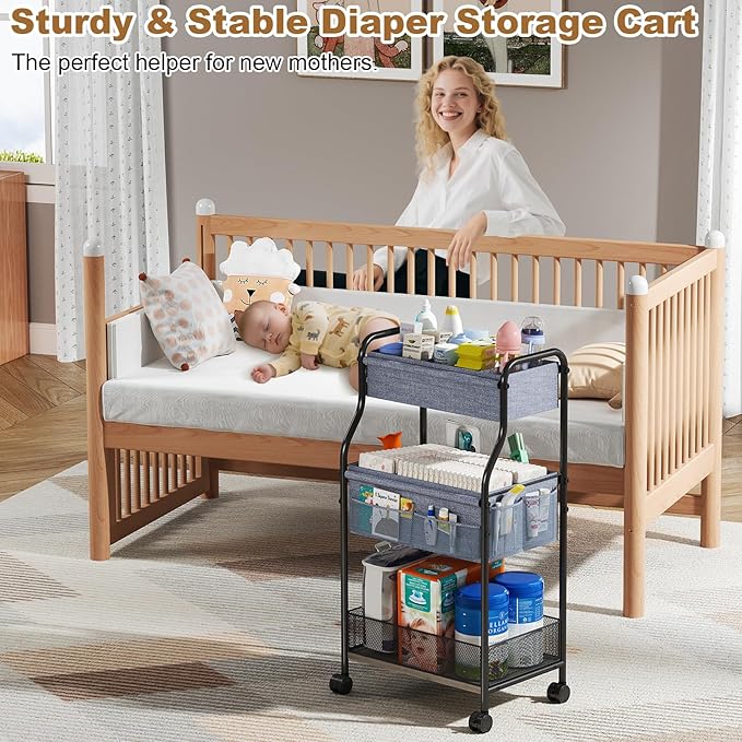 3-Tier Baby Diaper Caddy Organizer and Storage Cart, Mobile Metal Utility Cart with Rolling Wheels for Nursery Essentials wit