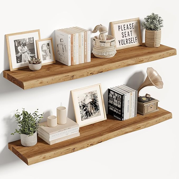 Vivelove Live Edge Floating Shelves 36 inch, Elm Wood Shelf with Invisible Bracket, Rustic Farmhouse Wall Shelf for Living Ro