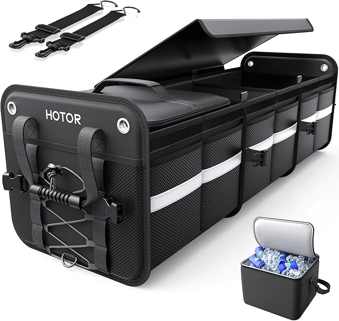 HOTOR Trunk Organizer - 3-Compartment Car Organizer and Storage with Cooler Bag, Foldable Car Storage Organizer for SUV with