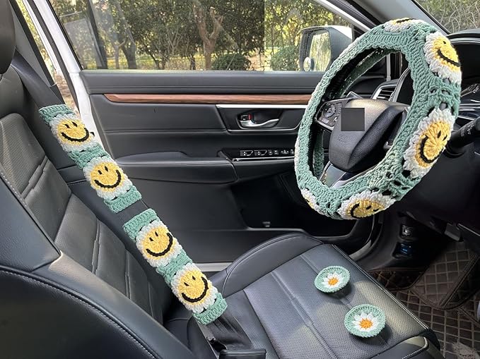 Handmade Crochet Sun Car Steering Wheel Covers Universal 14-15 inch,Cute Steering Wheel Cover,Car Accessories (Sun Wheel Cover+2belt Cover+2Coaster+Hanging)