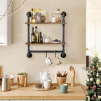 Merapi 24" Industrial Floating Shelves with Tower Bar, Pipe Shelves for Wall, 2 Tier Rustic Wood Wall Shelves for Home Décor,