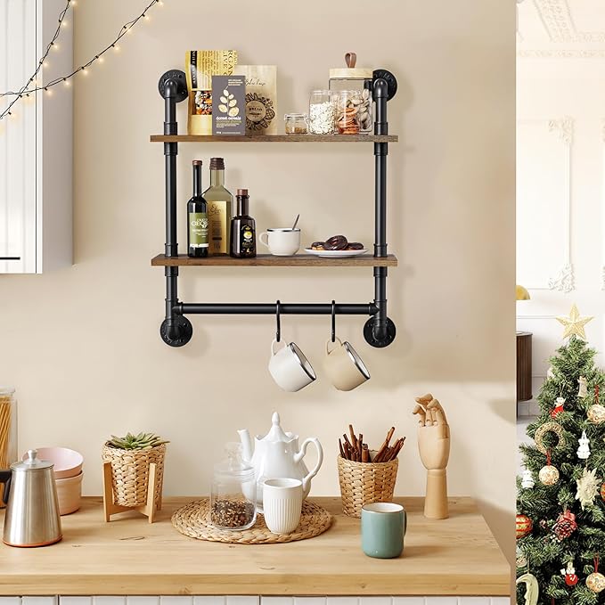 Merapi 24" Industrial Floating Shelves with Tower Bar, Pipe Shelves for Wall, 2 Tier Rustic Wood Wall Shelves for Home Décor,