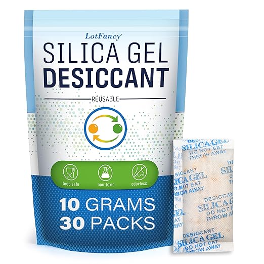 LotFancy Silica Gel Packets 10g 30 Pack, Color Indicating Rechargeable Desiccant Packs, Moisture Absorber for Electronics, Ca