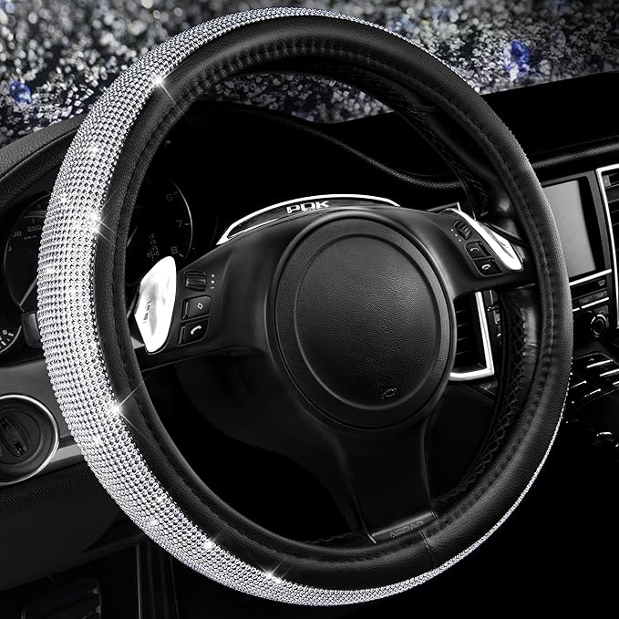 CAR PASS 11 PCS Bling Diamond Car Mats Set for Women Girls, Sparkly Rhinestone Steering Wheel Cover, Waterproof Floor Mats