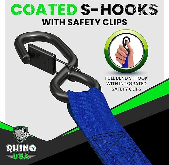 Rhino USA Retractable Ratchet Straps (2-Pack) - 1 Inch x 10 Feet (1,209lb Break Strength) - Auto Self Retracting Tie Down Straps for Truck, Cargo Trailer, Motorcycle, ATV, UTV - Blue