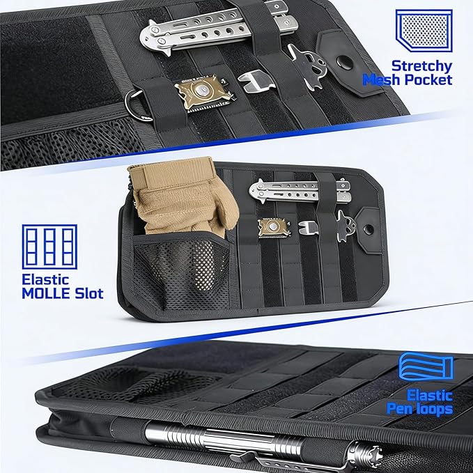 Molle Car Sun Visor Organizer,Car Accessories with Zipper Visor Storage Pouch&Glasses Clip&Adjustable Straps, Semi-Rigid Molle Panel for Tactical Gears, Fits Most Vehicles, SUVs (Black)