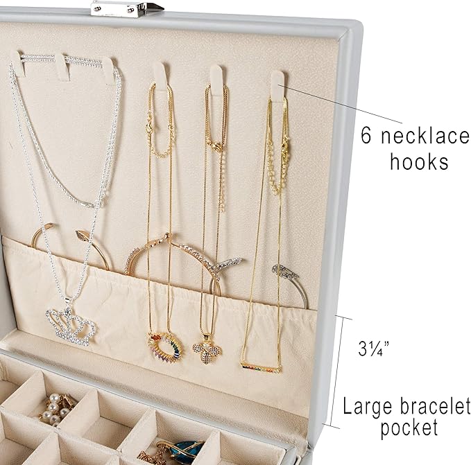 Frebeauty Earring Organizer Classic Jewelry Box 50 Slots Double Layer Jewelry Storage Case with 6 Necklace Hook and Bracelet 