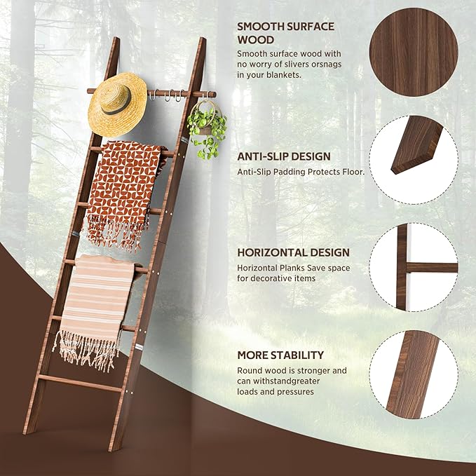 Farmhouse Wooden Blanket Ladder with Removable Hooks, 6-Tier Rustic Blanket Rack Decorative Stand, Leaning Towel Quilt Rack H