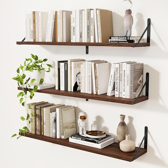 Shelves for Wall, Floating Bookshelves with Brackets, 36 inch Floating Shelves Set of 3, Wall Shelf for Kitchen, Bathroom, Be