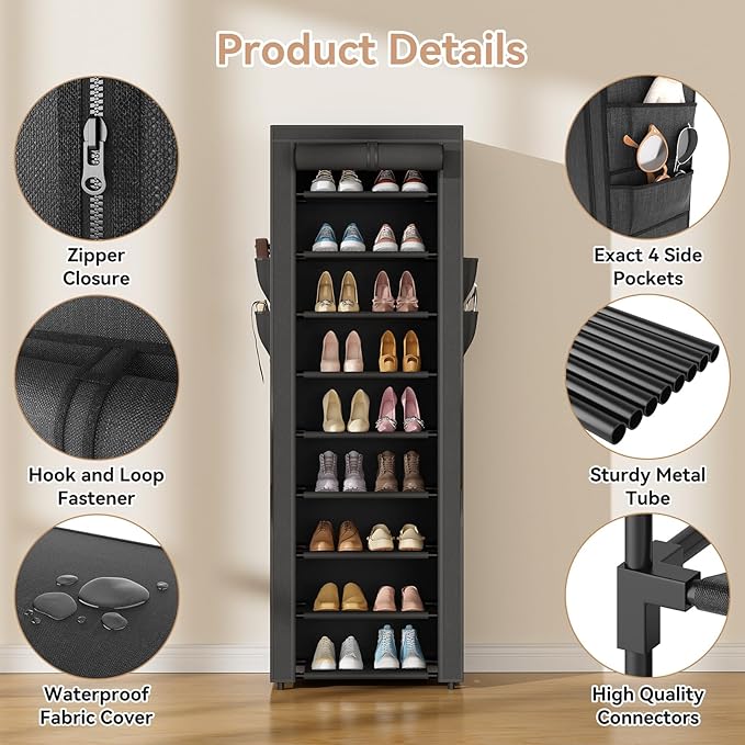 LANTEFUL Narrow Shoe Rack with Cover 10 Tier Tall Shoe Rack Organizer Large Capacity Shoe Shelf Storage 18-22 Pairs Space Sav