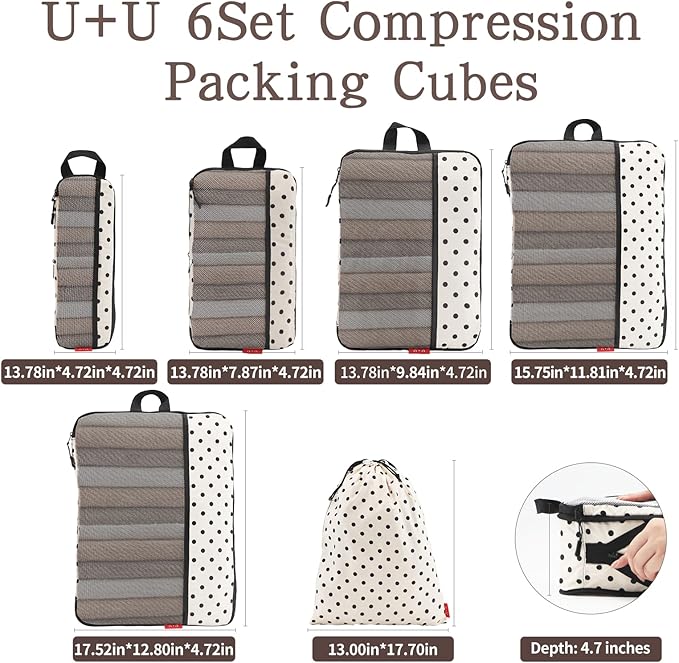 U+U 6 Set Compression Packing Cubes - Ultralight Travel Organizers with Laundry Bag, Space-Saving Suitcase Organizer, Expanda