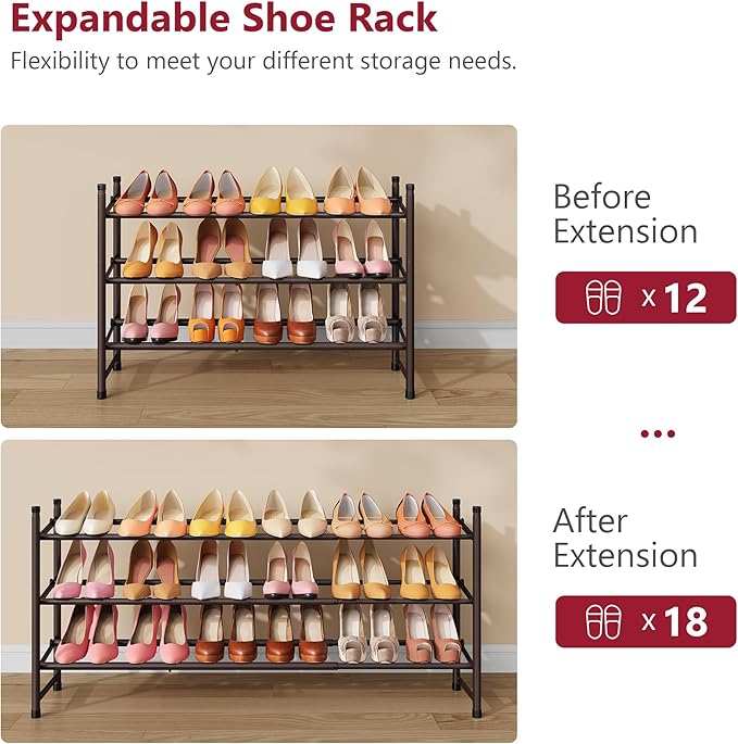 Tajsoon 3 Tier Expandable Shoe Rack for Closet, 28“-41“Adjustable & Stackable Shoe Shelf Storage, Metal Shoe Rack Organizer f