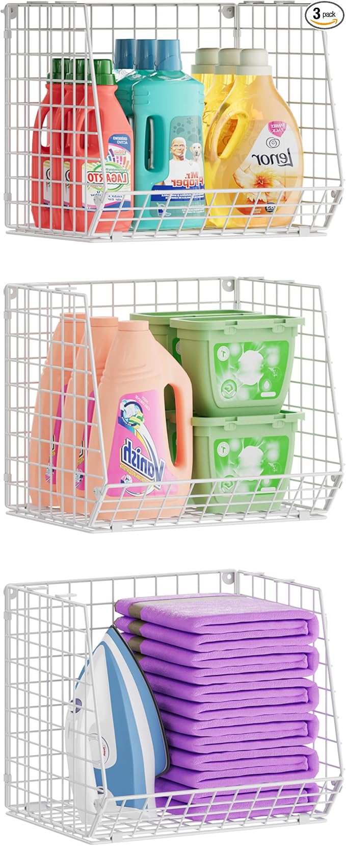 3 Pack Screw Mount Under The Wooden Shelf Laundry Room Organizer: Foldable Wire Basket Space Saving Over The Washer and Dryer