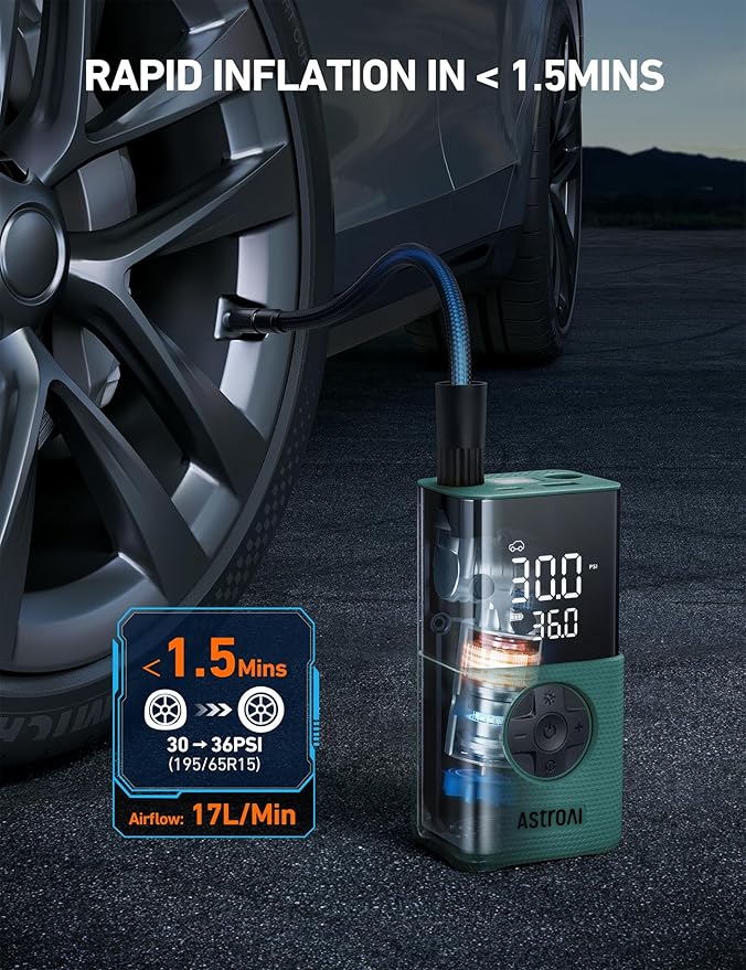 AstroAI Tire Inflator L7S Portable Air Compressor Cordless Bike Pump with Digital Dual Values Display, 150 PSI Car Tires Pump with LED Lights Air Pump for Cars, Motorcycles, Bikes, Balls Geen