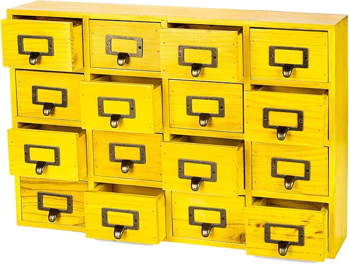 Yellow 16-Slot Wooden Drawer Unit - Country Style Desk Organizer - 20"x3.6”x14” Wooden Storage Box w/ 16 Drawers - Countertop