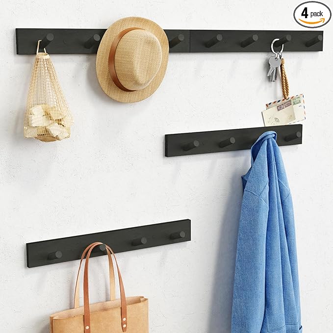 Forbena Black Coat Rack Wall Mount 4-Pack, Rustic Farmhouse Coat Hooks for Wall, Vertical Hanging Hat Rack for Office, Bedroo